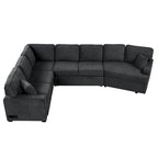 Divano componibile a L beige / nero+blu con letto estraibile, portabicchieri e porta di ricarica, 4-5 posti a sedere