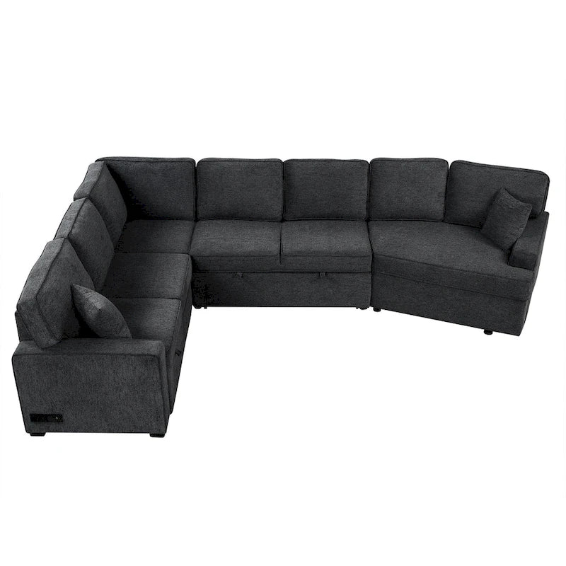 Divano componibile a L beige / nero+blu con letto estraibile, portabicchieri e porta di ricarica, 4-5 posti a sedere