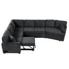 Divano componibile a L beige / nero+blu con letto estraibile, portabicchieri e porta di ricarica, 4-5 posti a sedere