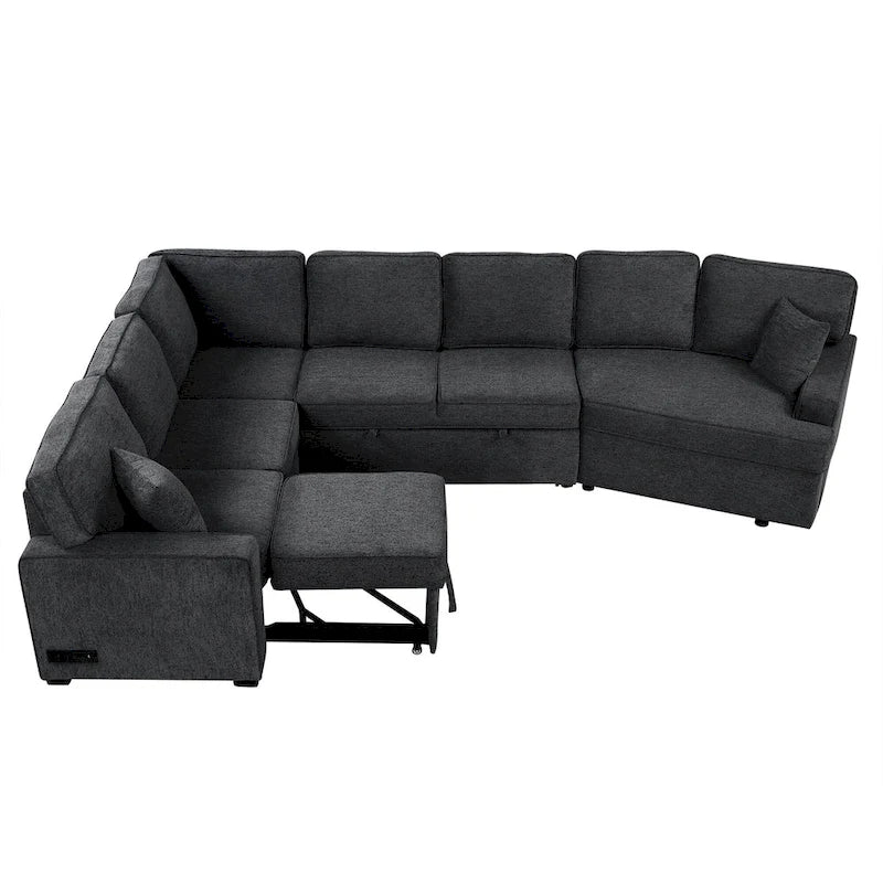 Divano componibile a L beige / nero+blu con letto estraibile, portabicchieri e porta di ricarica, 4-5 posti a sedere