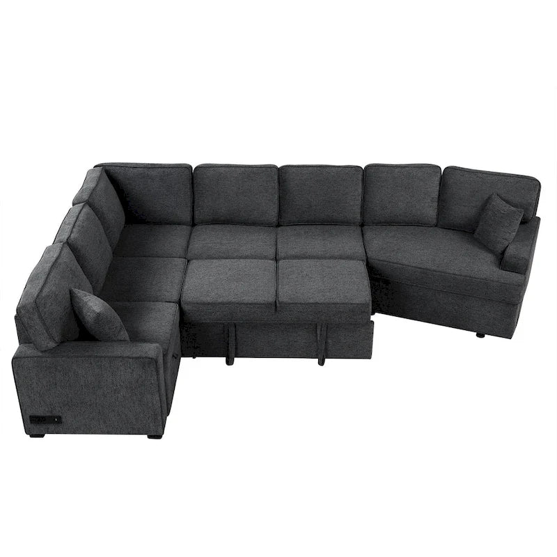 Divano componibile a L beige / nero+blu con letto estraibile, portabicchieri e porta di ricarica, 4-5 posti a sedere
