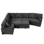 Divano componibile a L beige / nero+blu con letto estraibile, portabicchieri e porta di ricarica, 4-5 posti a sedere