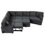Divano componibile a L beige / nero+blu con letto estraibile, portabicchieri e porta di ricarica, 4-5 posti a sedere