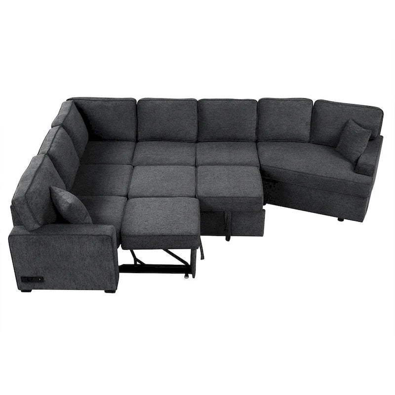 Divano componibile a L beige / nero+blu con letto estraibile, portabicchieri e porta di ricarica, 4-5 posti a sedere