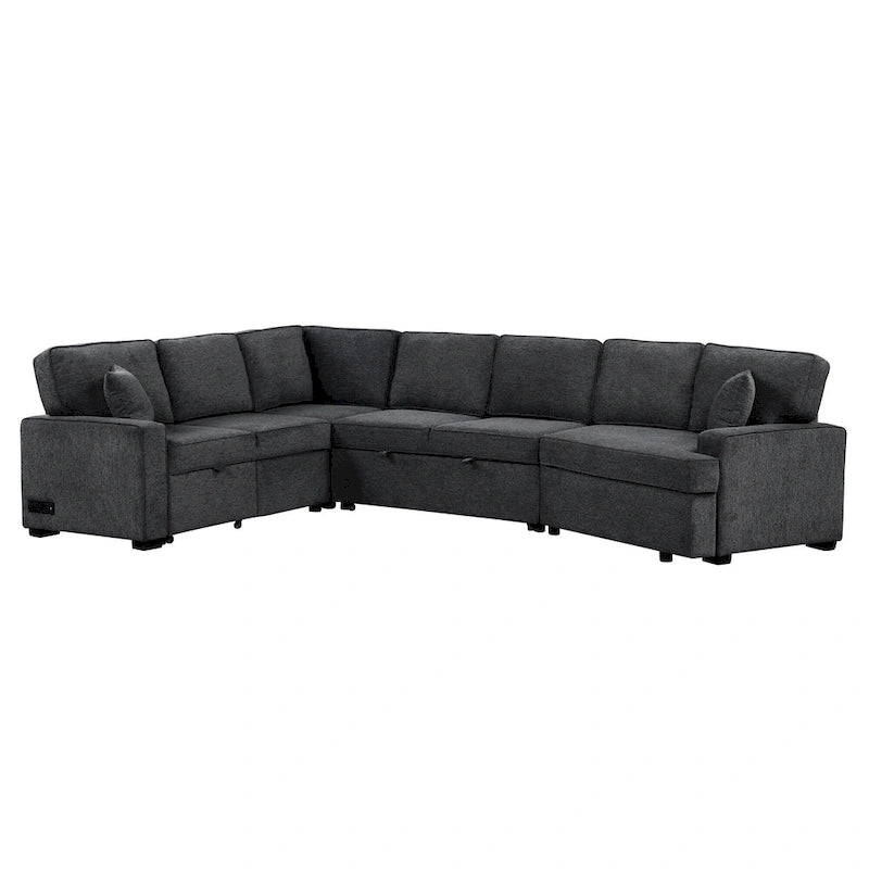Divano componibile a L beige / nero+blu con letto estraibile, portabicchieri e porta di ricarica, 4-5 posti a sedere