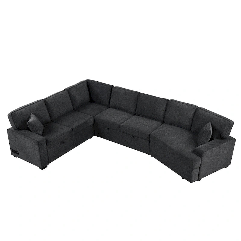 Divano componibile a L beige / nero+blu con letto estraibile, portabicchieri e porta di ricarica, 4-5 posti a sedere