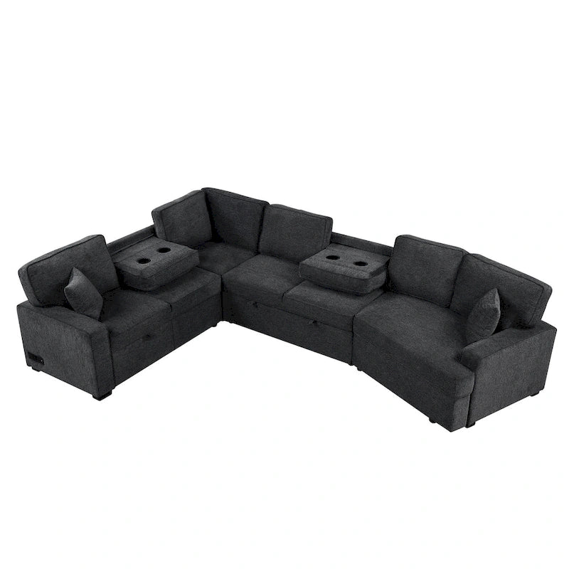 Divano componibile a L beige / nero+blu con letto estraibile, portabicchieri e porta di ricarica, 4-5 posti a sedere