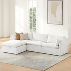 Divano componibile a L con penisola/pouf in crema/bianco, 4 pezzi, 4 posti