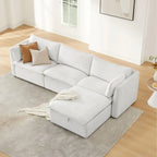 Divano componibile a L con penisola/pouf in crema/bianco, 4 pezzi, 4 posti