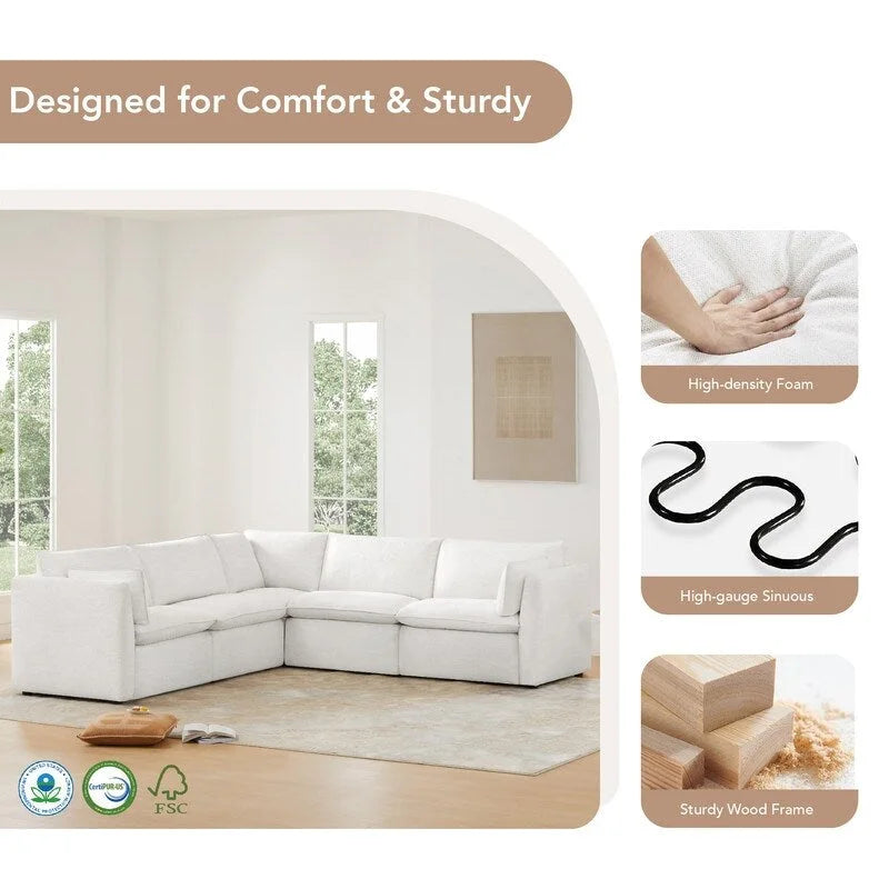 Divano componibile a L con penisola/pouf in crema/bianco, 4 pezzi, 4 posti