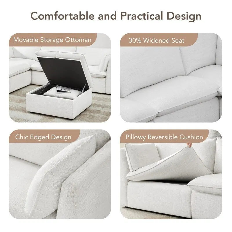 Divano componibile a L con penisola/pouf in crema/bianco, 4 pezzi, 4 posti