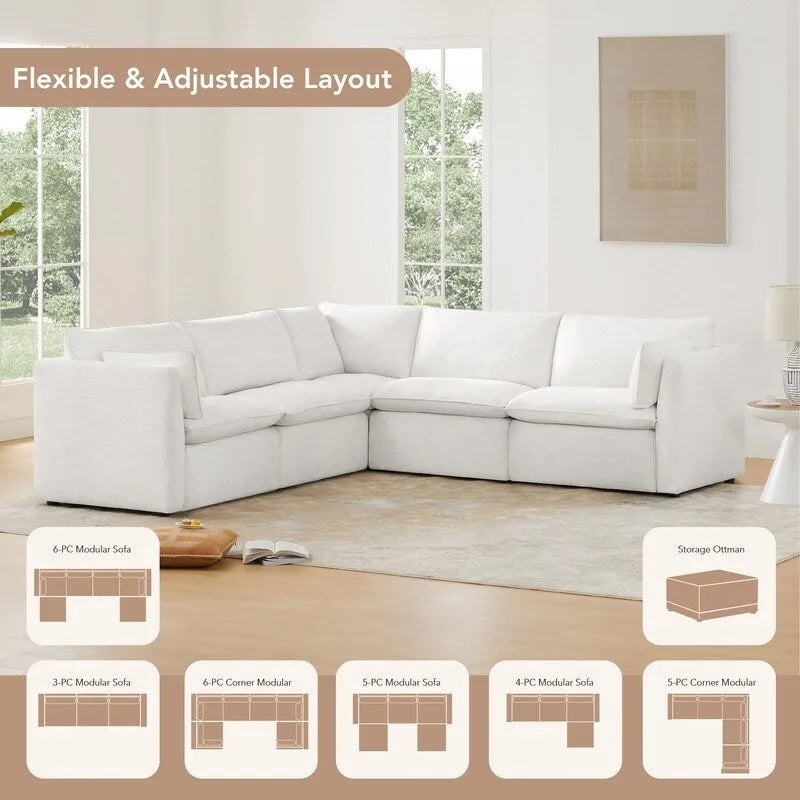 Divano componibile a L con penisola/pouf in crema/bianco, 4 pezzi, 4 posti