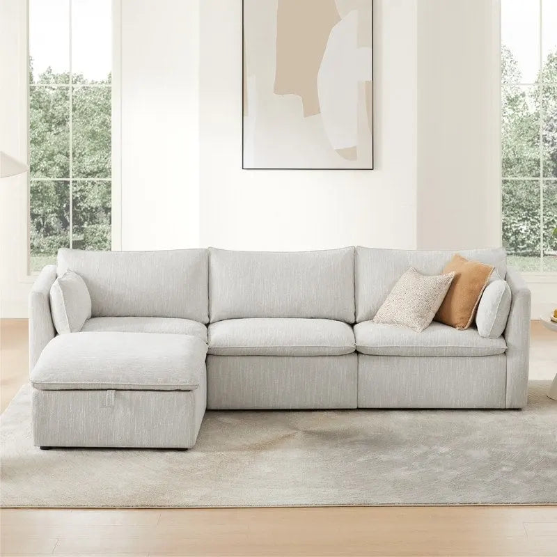 Divano componibile a L con penisola/pouf in crema/bianco, 4 pezzi, 4 posti