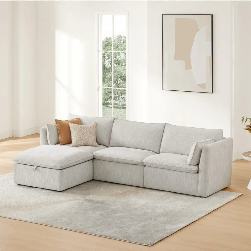 Divano componibile a L con penisola/pouf in crema/bianco, 4 pezzi, 4 posti