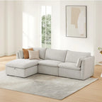 Divano componibile a L con penisola/pouf in crema/bianco, 4 pezzi, 4 posti