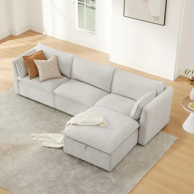 Divano componibile a L con penisola/pouf in crema/bianco, 4 pezzi, 4 posti