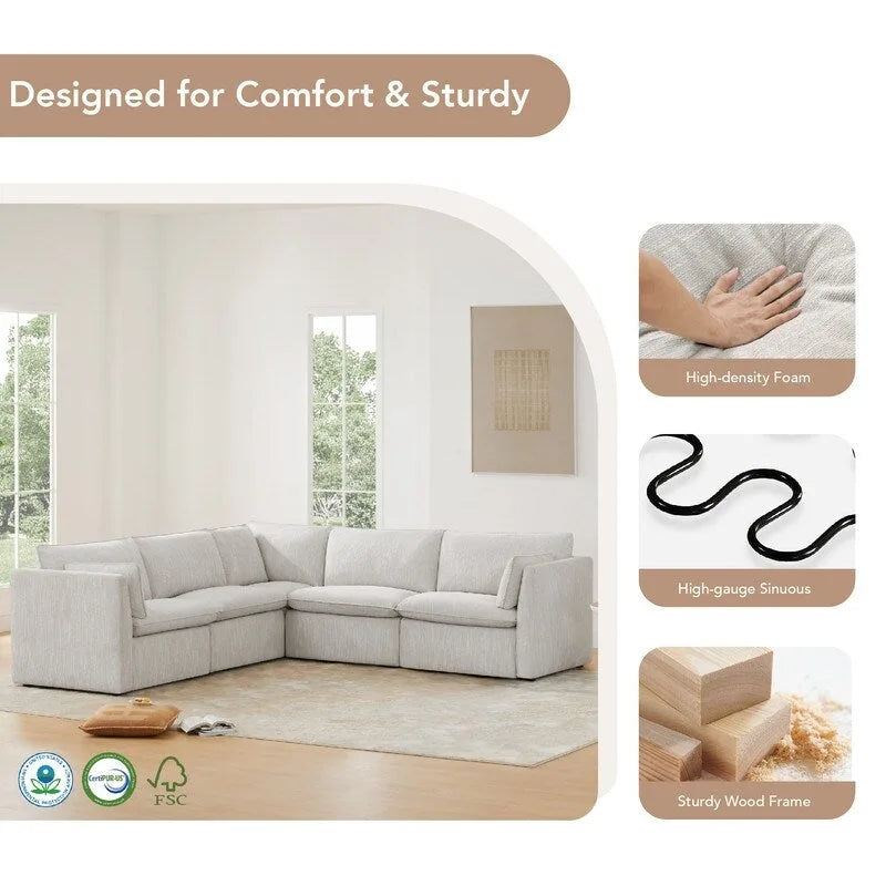 Divano componibile a L con penisola/pouf in crema/bianco, 4 pezzi, 4 posti
