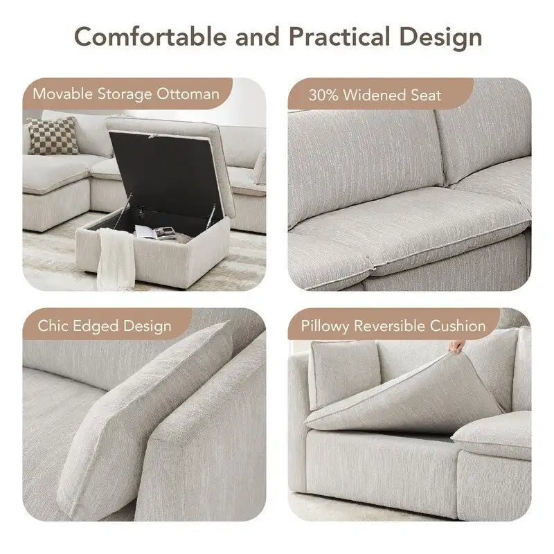 Divano componibile a L con penisola/pouf in crema/bianco, 4 pezzi, 4 posti
