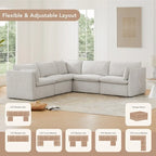 Divano componibile a L con penisola/pouf in crema/bianco, 4 pezzi, 4 posti