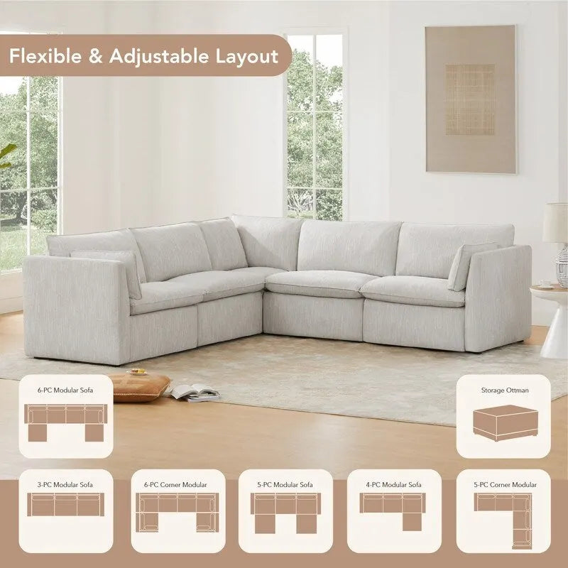 Divano componibile a L con penisola/pouf in crema/bianco, 4 pezzi, 4 posti