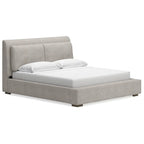 Letto a piattaforma imbottito marrone chiaro, testiera affusolata, Queen/California King