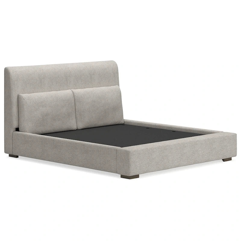 Letto a piattaforma imbottito marrone chiaro, testiera affusolata, Queen/California King