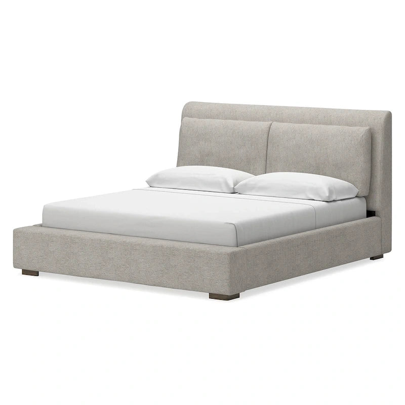 Letto a piattaforma imbottito marrone chiaro, testiera affusolata, Queen/California King