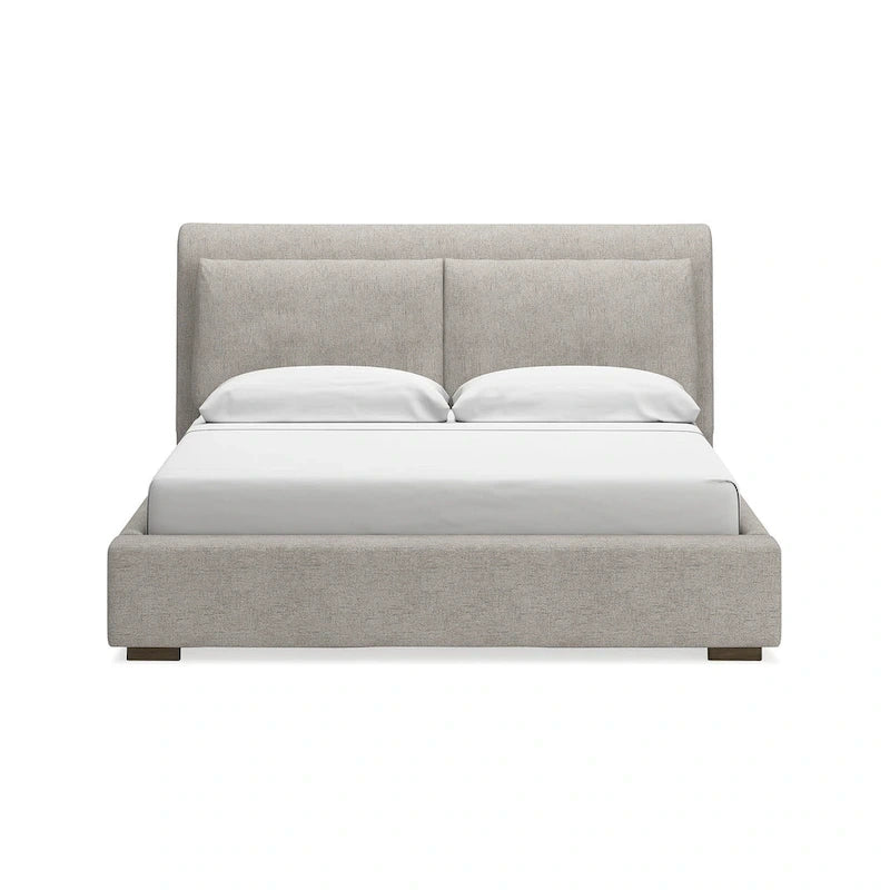 Letto a piattaforma imbottito marrone chiaro, testiera affusolata, Queen/California King