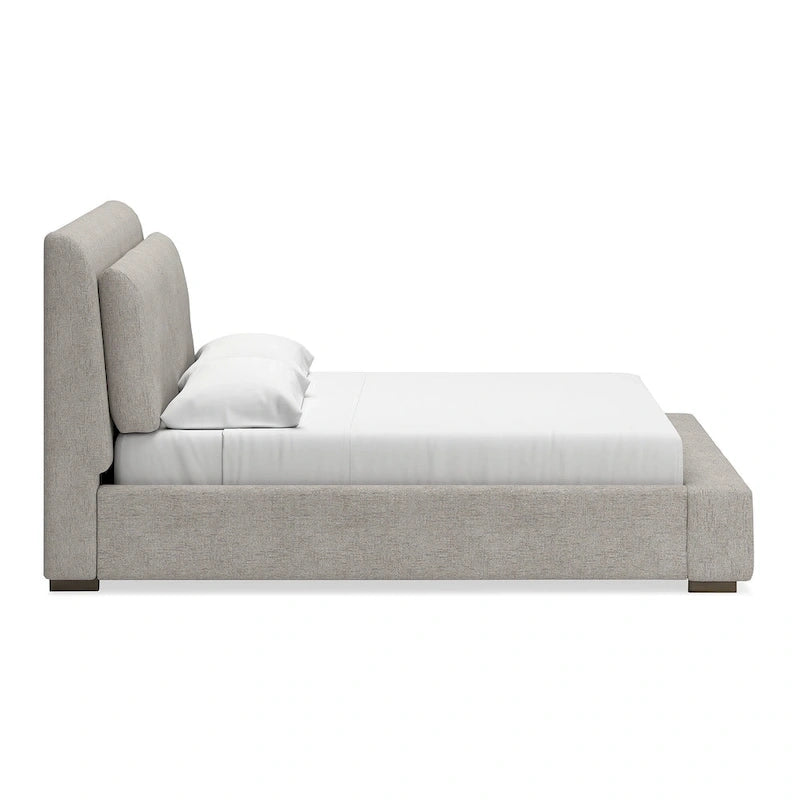 Letto a piattaforma imbottito marrone chiaro, testiera affusolata, Queen/California King
