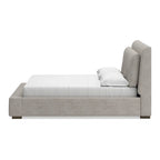 Letto a piattaforma imbottito marrone chiaro, testiera affusolata, Queen/California King