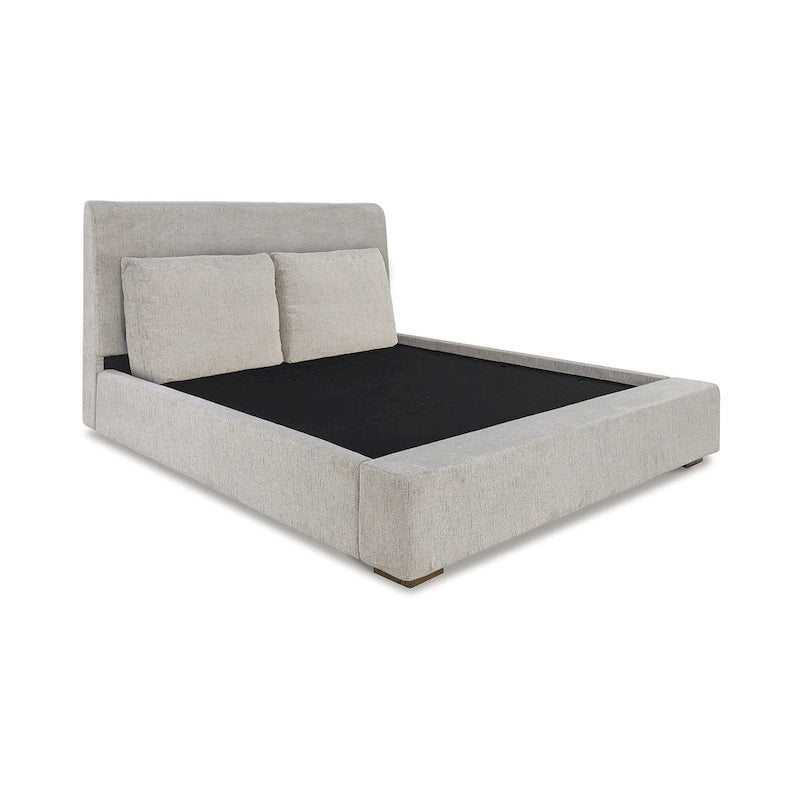 Letto a piattaforma imbottito marrone chiaro, testiera affusolata, Queen/California King