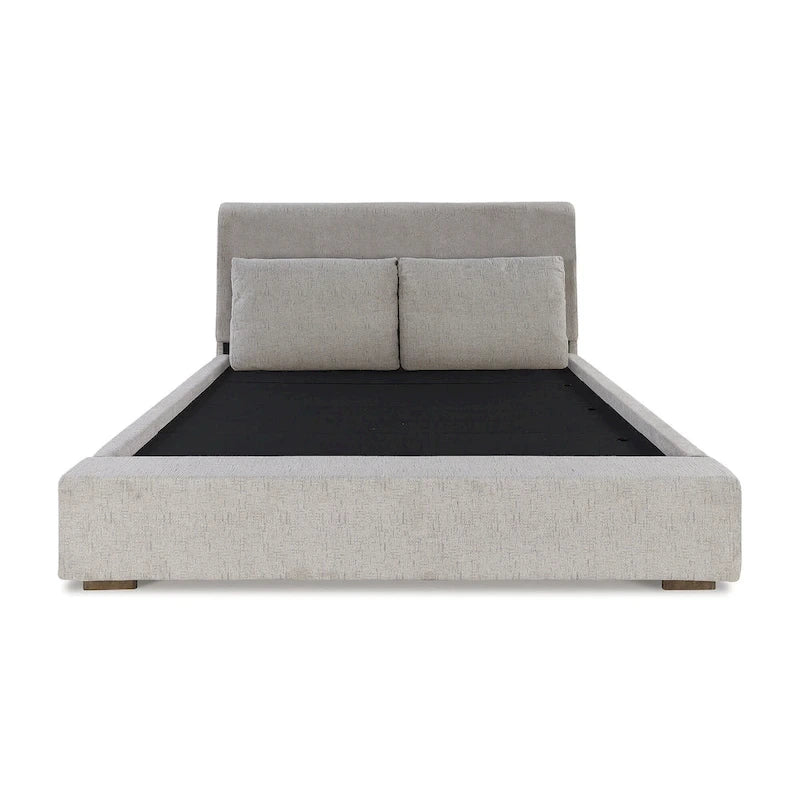 Letto a piattaforma imbottito marrone chiaro, testiera affusolata, Queen/California King
