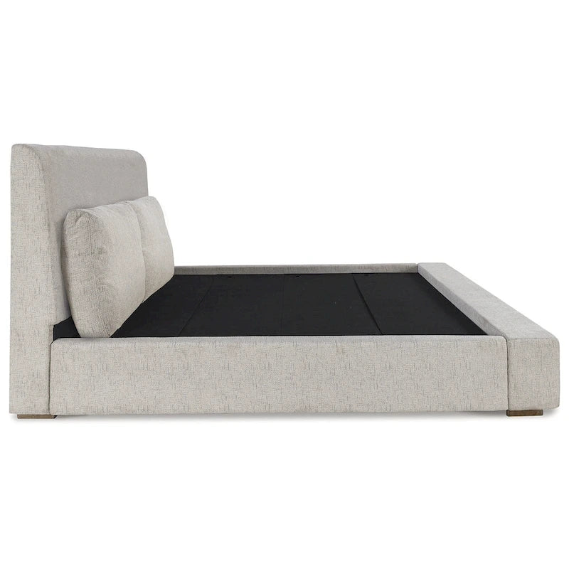 Letto a piattaforma imbottito marrone chiaro, testiera affusolata, Queen/California King