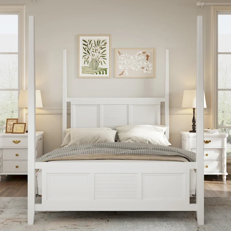 Letto a baldacchino matrimoniale king size bianco, griglia orizzontale, 1 persona