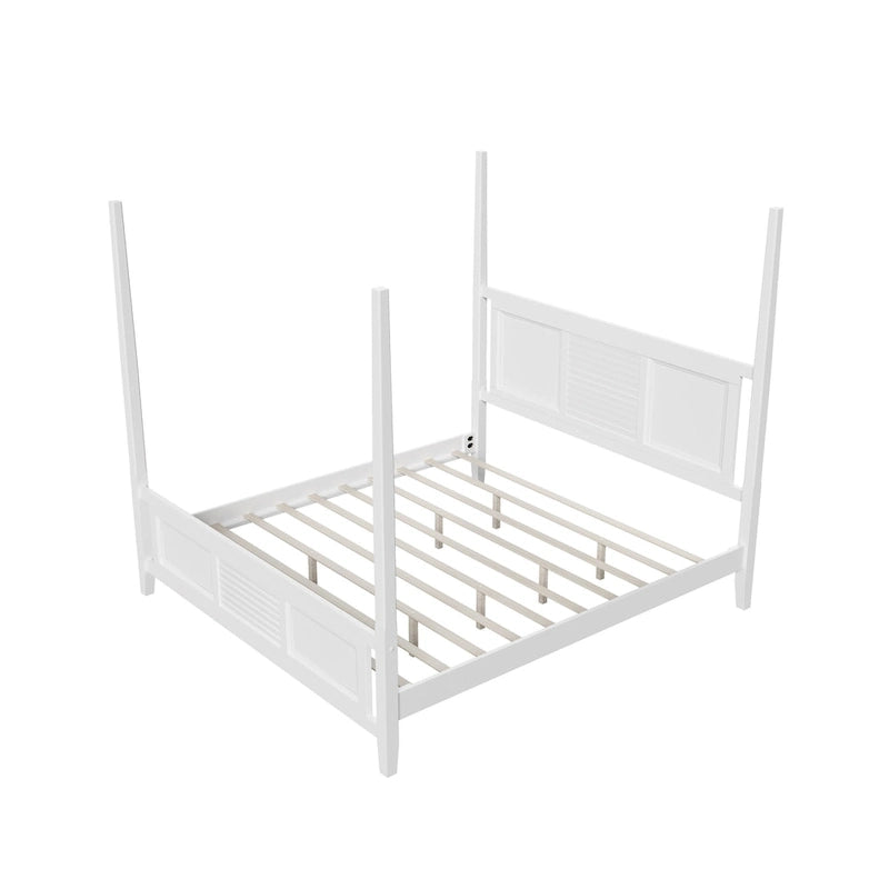 Letto a baldacchino matrimoniale king size bianco, griglia orizzontale, 1 persona