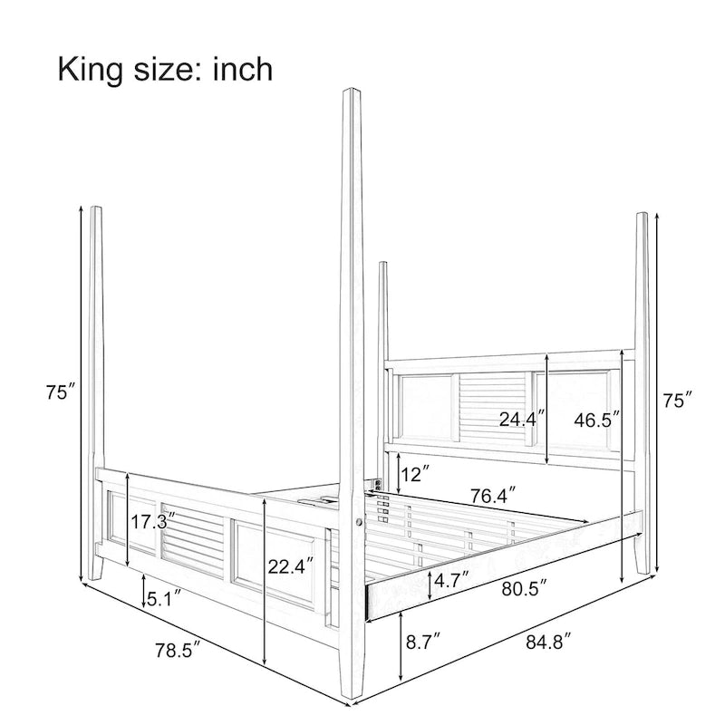 Letto a baldacchino matrimoniale king size bianco, griglia orizzontale, 1 persona