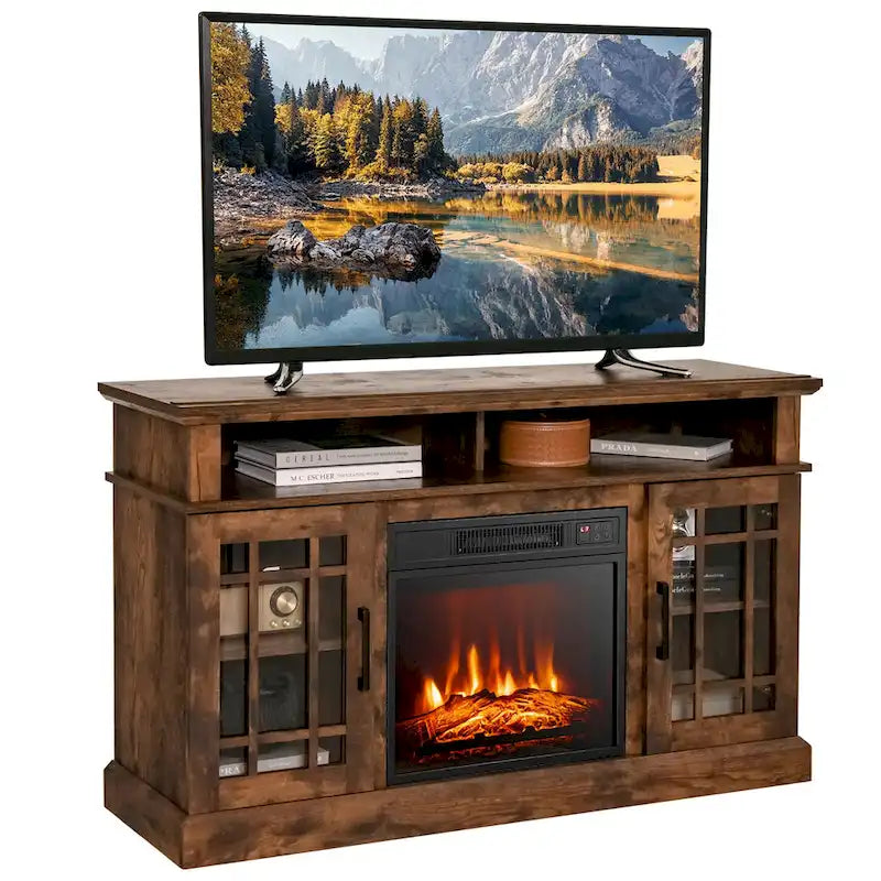 Mobile TV con camino elettrico marrone, armadietto a 2 ante, adatto per TV fino a 55"