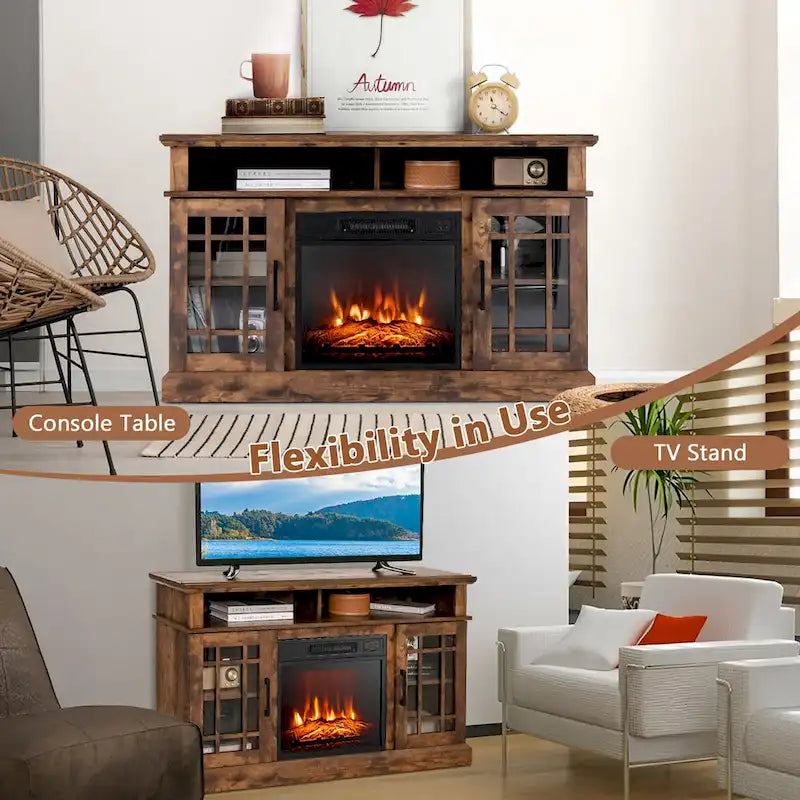 Mobile TV con camino elettrico marrone, armadietto a 2 ante, adatto per TV fino a 55"