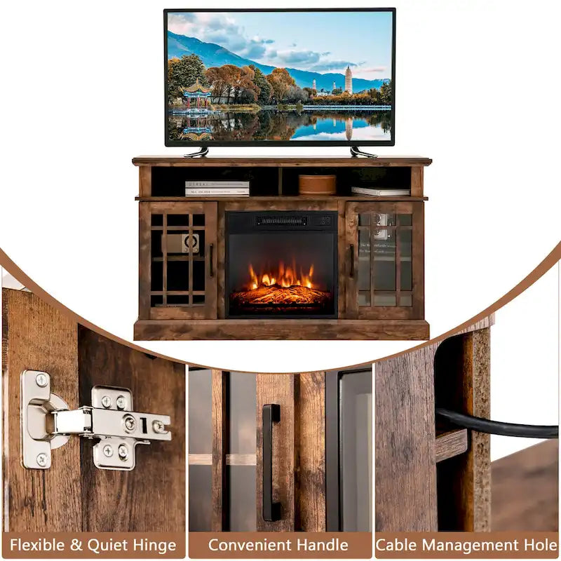 Mobile TV con camino elettrico marrone, armadietto a 2 ante, adatto per TV fino a 55"