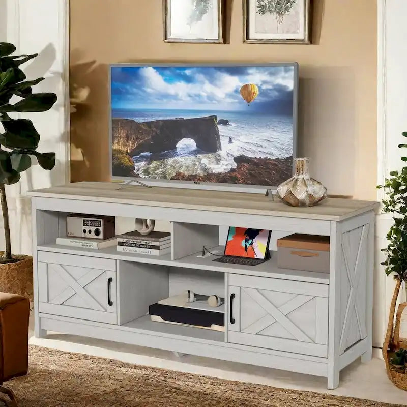 Mobile Porta TV Stile Rustico Bianco/Nero da 59" con Armadietti Contenitore, Montaggio da 1 Persona