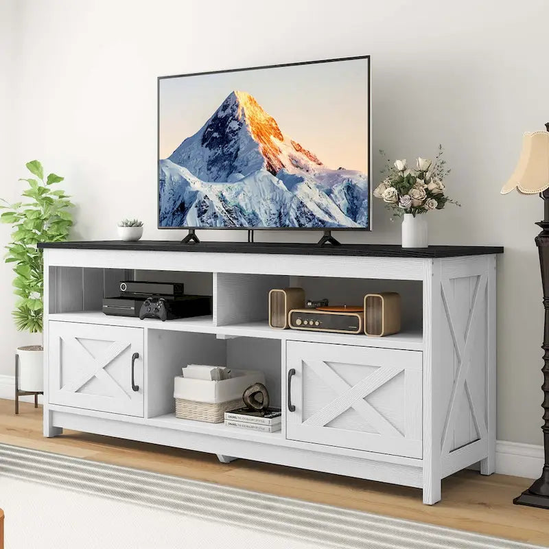 Mobile Porta TV Stile Rustico Bianco/Nero da 59" con Armadietti Contenitore, Montaggio da 1 Persona