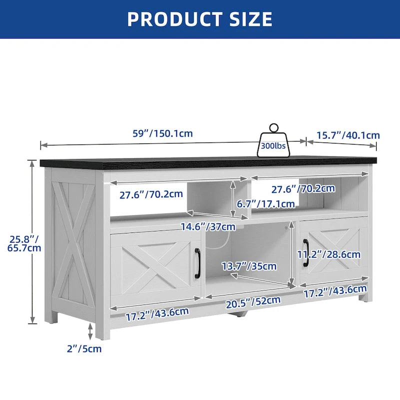 Mobile Porta TV Stile Rustico Bianco/Nero da 59" con Armadietti Contenitore, Montaggio da 1 Persona