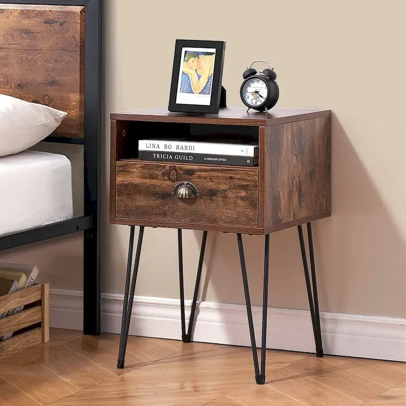 Comodino con cassetto singolo con gambe a forcina in stile anni '50, marrone / blu / nero / giallo