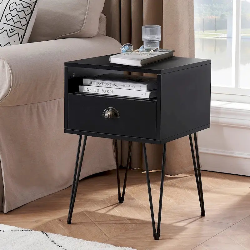 Comodino con cassetto singolo con gambe a forcina in stile anni '50, marrone / blu / nero / giallo