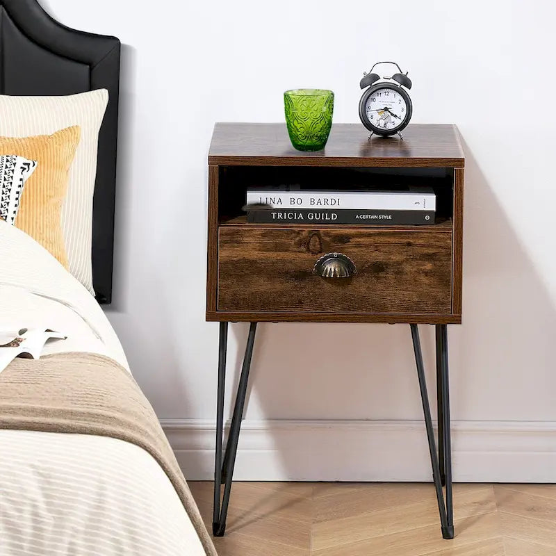 Comodino con cassetto singolo con gambe a forcina in stile anni '50, marrone / blu / nero / giallo