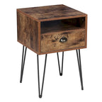 Comodino con cassetto singolo con gambe a forcina in stile anni '50, marrone / blu / nero / giallo
