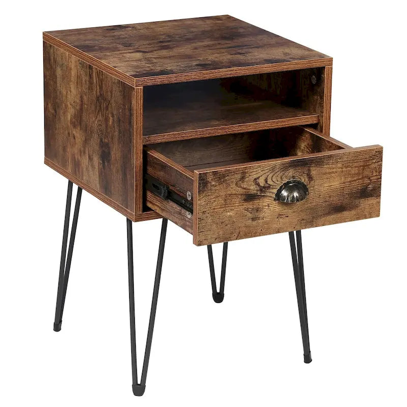 Comodino con cassetto singolo con gambe a forcina in stile anni '50, marrone / blu / nero / giallo