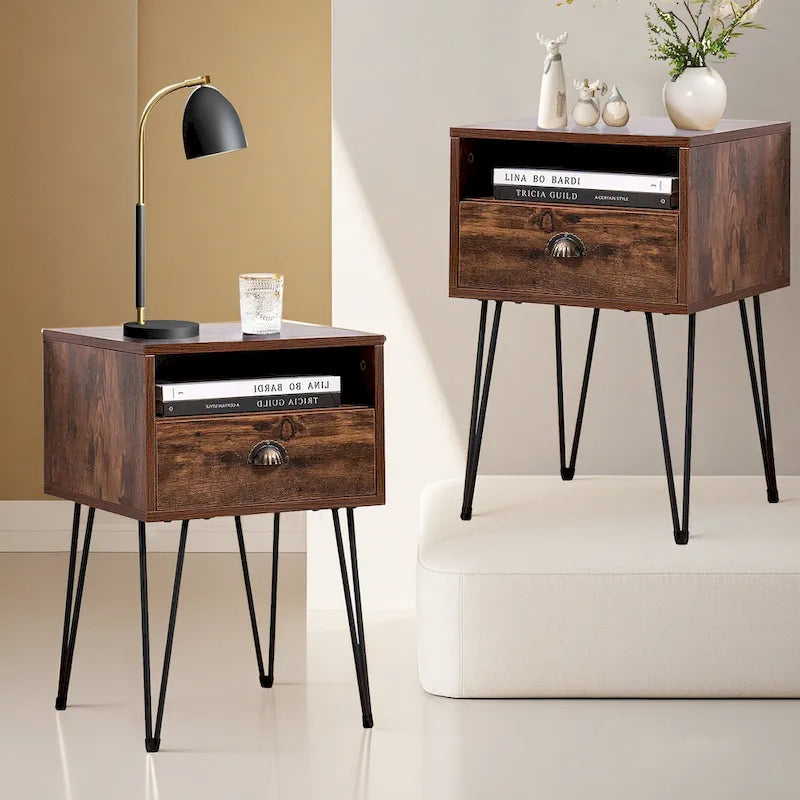 Comodino con cassetto singolo con gambe a forcina in stile anni '50, marrone / blu / nero / giallo