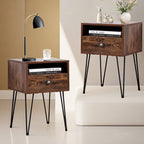 Comodino con cassetto singolo con gambe a forcina in stile anni '50, marrone / blu / nero / giallo