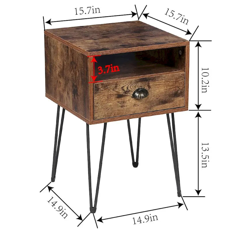 Comodino con cassetto singolo con gambe a forcina in stile anni '50, marrone / blu / nero / giallo